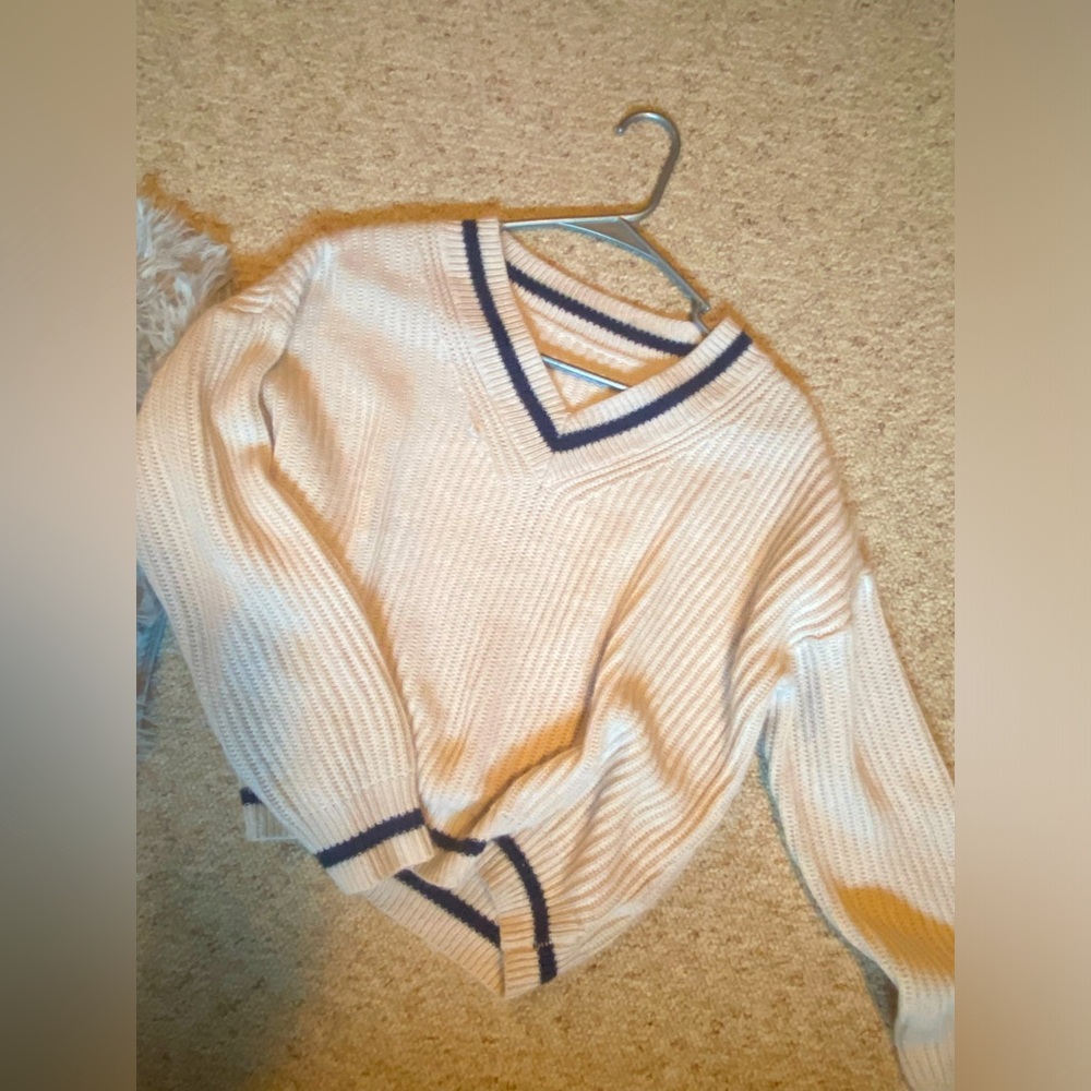 Cream colored with a Navy blue stripe, Dress sweater,